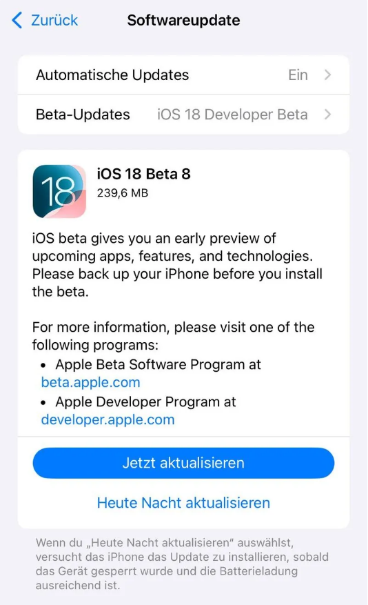 呼兰苹果手机维修分享苹果 iOS / iPadOS 18 开发者预览版 Beta 8 发布 